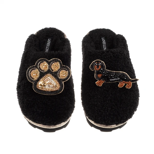 Laines London Teddy Closed Toe Slippers With Paw & Black & Tan Dachshund Brooches
