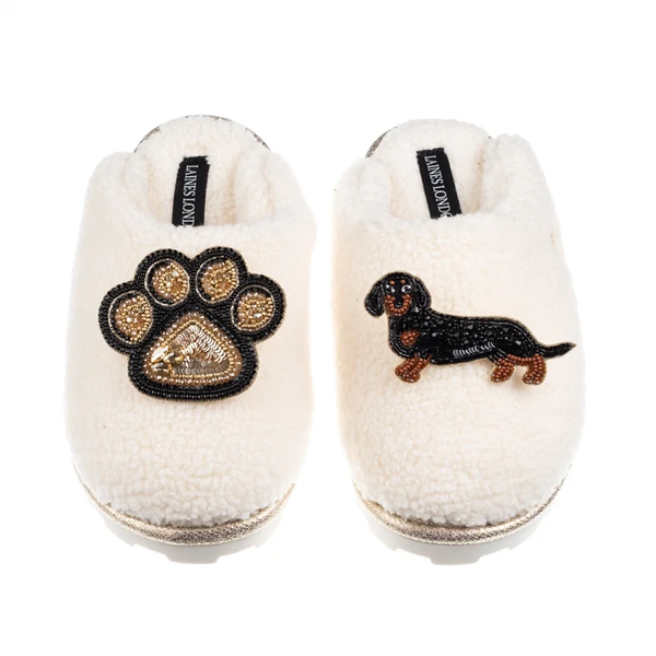 Laines London Teddy Closed Toe Slippers With Paw & Black & Tan Dachshund Brooches