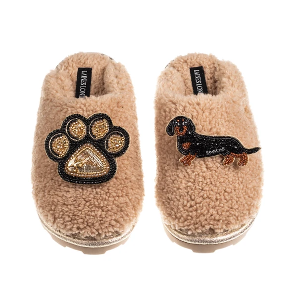 laines london Teddy Closed Toe Slippers With Paw & Black & Tan Dachshund Brooches