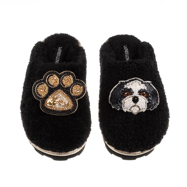 Laines London Teddy Closed Toe Slippers With Paw & Black & White Shih Tzu Brooches