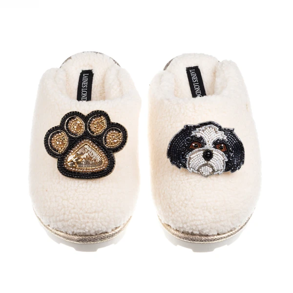 Laines London Teddy Closed Toe Slippers With Paw & Black & White Shih Tzu Brooches