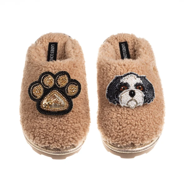 Laines London Teddy Closed Toe Slippers With Paw & Black & White Shih Tzu Brooches