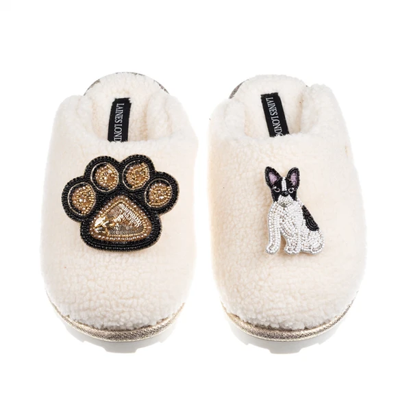 Laines London Teddy Closed Toe Slippers With Paw & Black & White Sitting French Bulldog Brooch