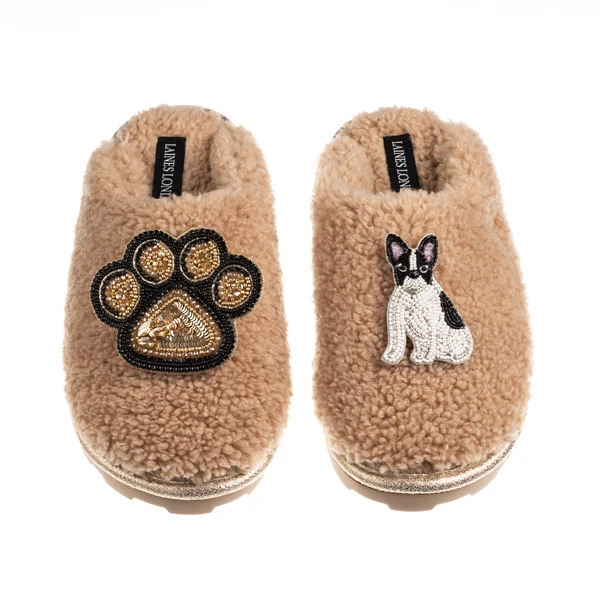 Laines London Teddy Closed Toe Slippers With Paw & Black & White Sitting French Bulldog Brooch