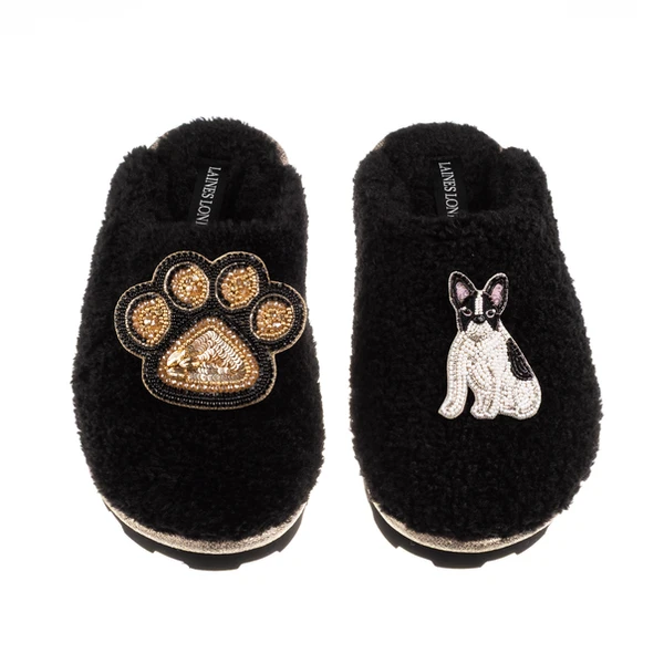 Laines London Teddy Closed Toe Slippers With Paw & Black & White Sitting French Bulldog Brooch
