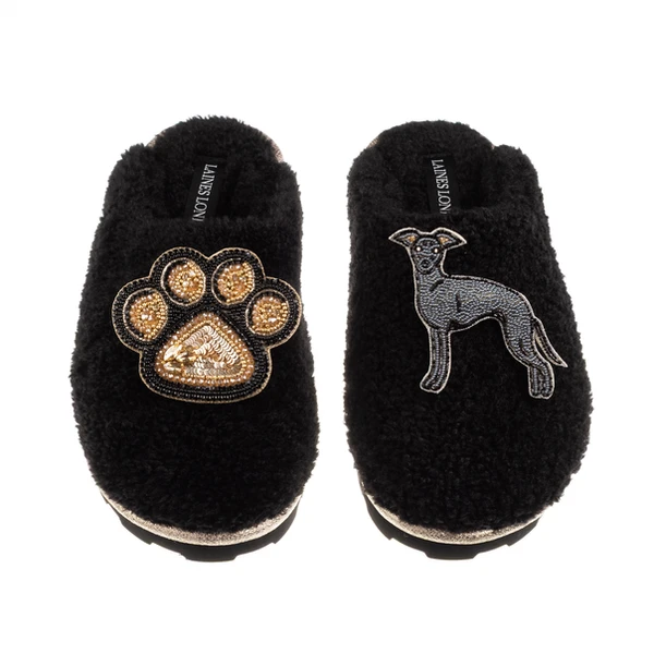 Laines London Teddy Closed Toe Slippers With Paw & Blue Italian Greyhound Brooches