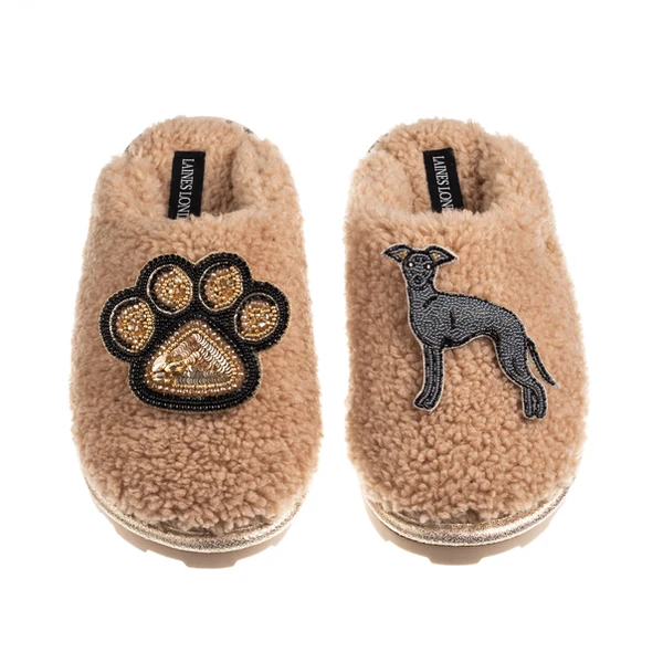 Laines London Teddy Closed Toe Slippers With Paw & Blue Italian Greyhound Brooches