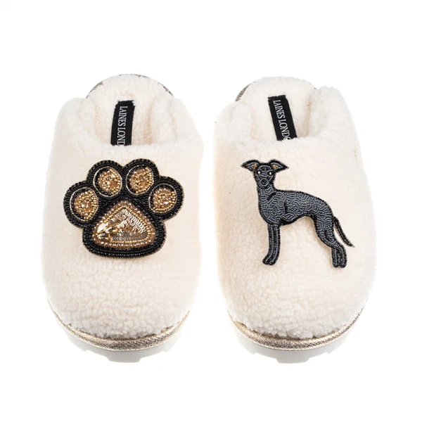 laines london Teddy Closed Toe Slippers With Paw & Blue Italian Greyhound Brooches