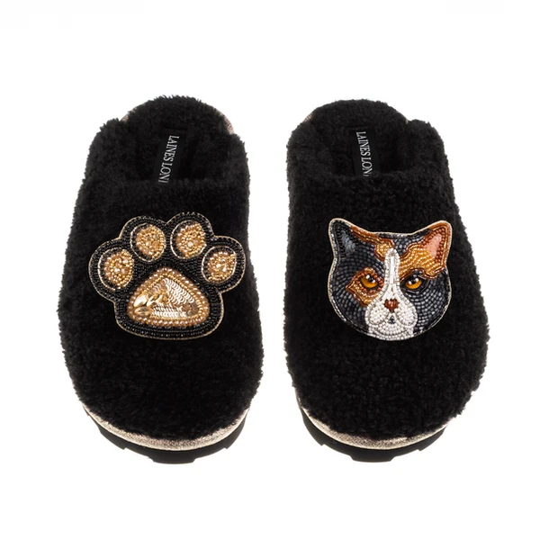 Laines London Teddy Closed Toe Slippers With Paw & Calico British Shorthair Cat Brooches