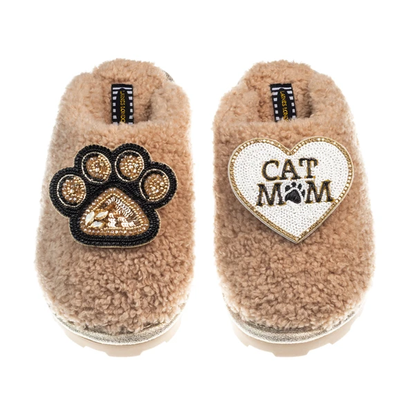 Laines London Teddy Closed Toe Slippers With Paw & Cat Mum / Mom Brooches
