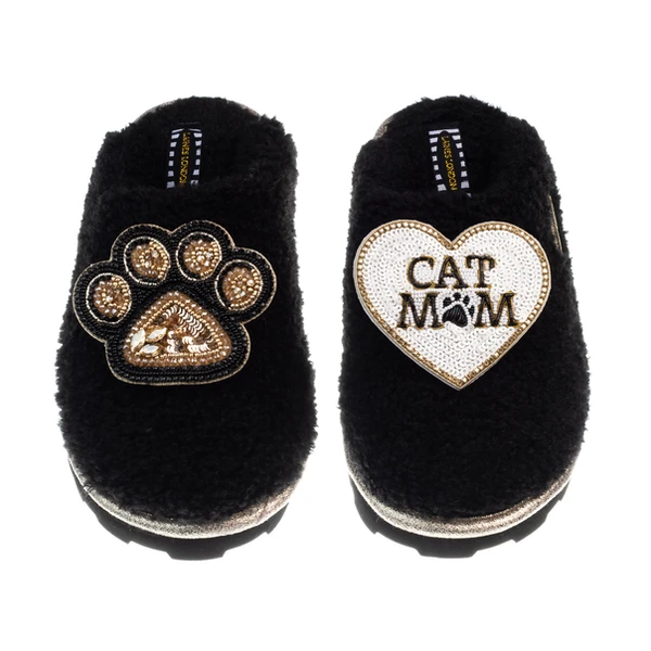 Laines London Teddy Closed Toe Slippers With Paw & Cat Mum / Mom Brooches