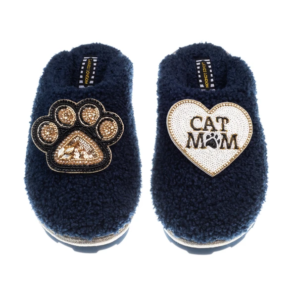 Laines London Teddy Closed Toe Slippers With Paw & Cat Mum / Mom Brooches