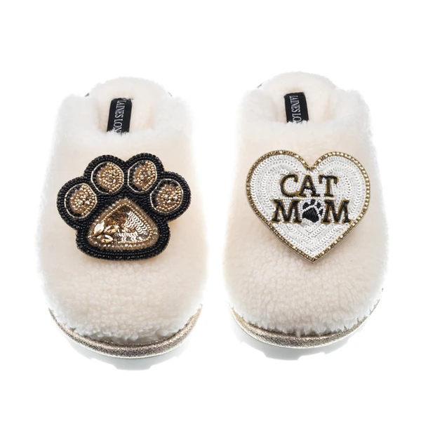 laines london Teddy Closed Toe Slippers With Paw & Cat Mum / Mom Brooches