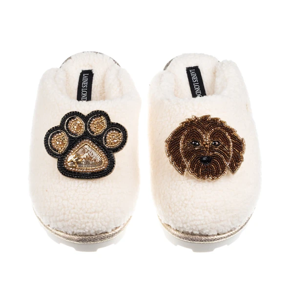 Laines London Teddy Closed Toe Slippers With Paw & Chocolate Cockapoo Brooches