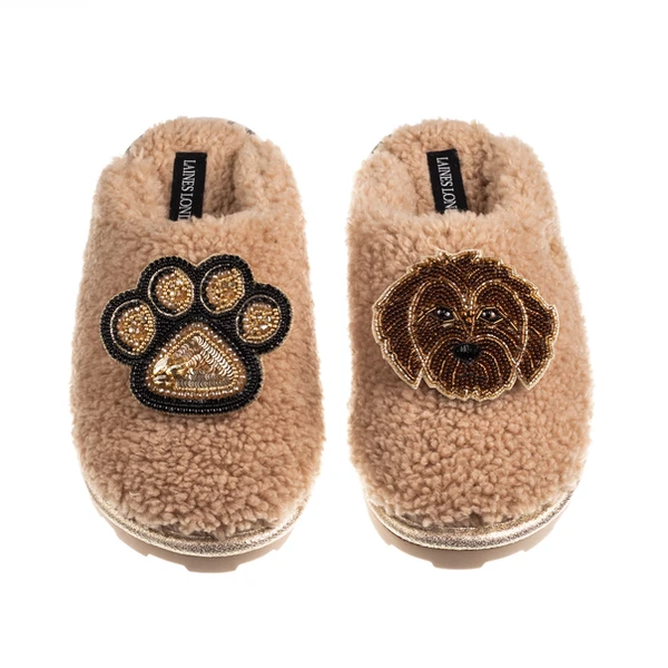 Laines London Teddy Closed Toe Slippers With Paw & Chocolate Cockapoo Brooches