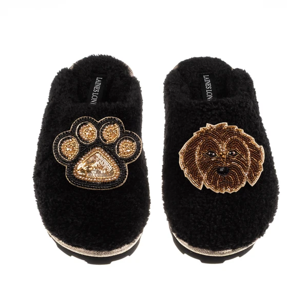 Laines London Teddy Closed Toe Slippers With Paw & Chocolate Cockapoo Brooches