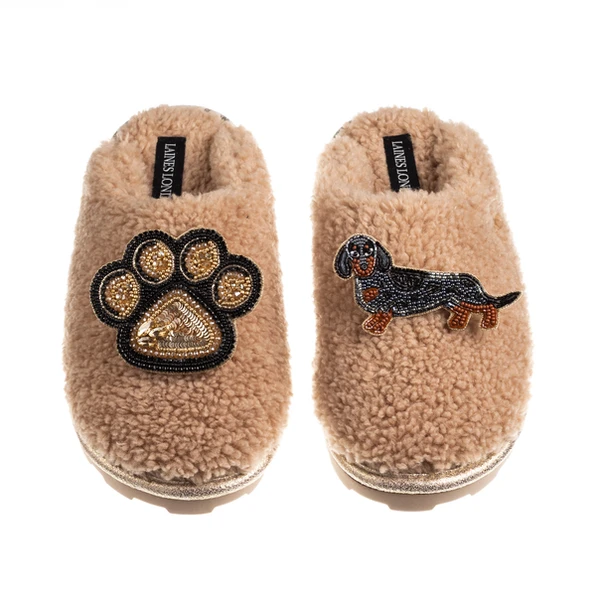 Laines London Teddy Closed Toe Slippers With Paw & Dapple Dachshund Brooches