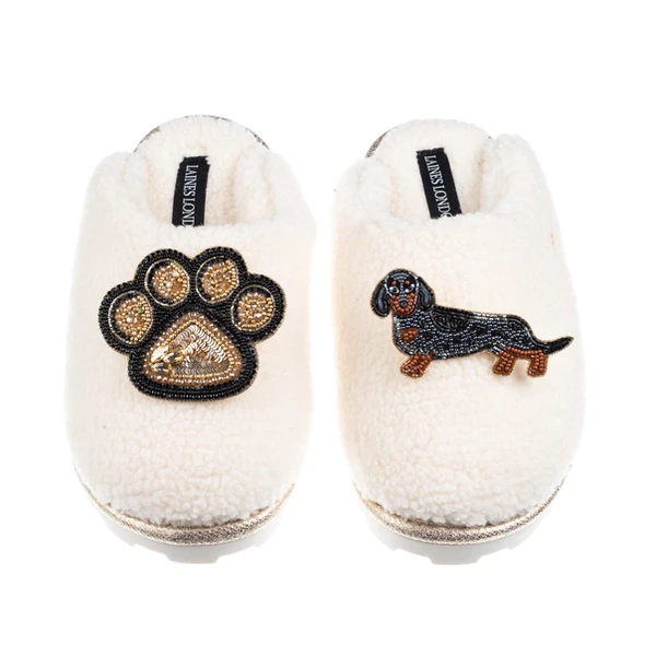 Laines London Teddy Closed Toe Slippers With Paw & Dapple Dachshund Brooches