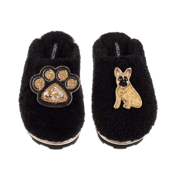Laines London Teddy Closed Toe Slippers With Paw & Fawn Sitting French Bulldog Brooches