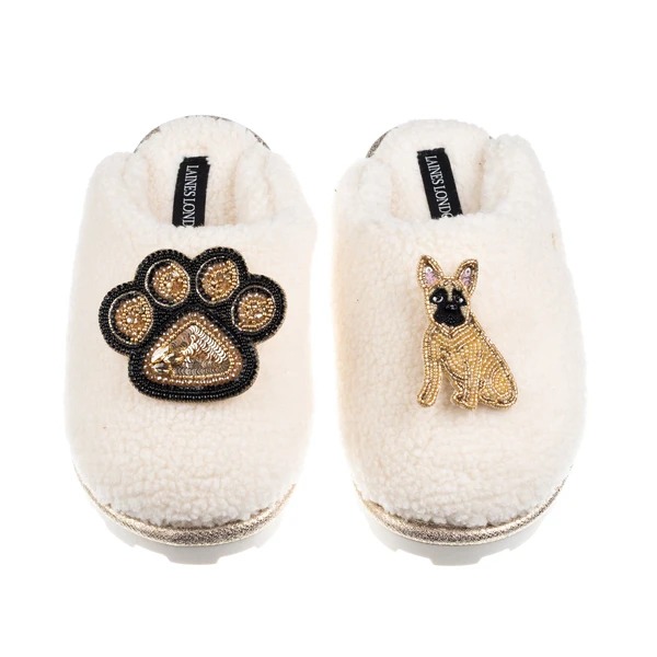 Laines London Teddy Closed Toe Slippers With Paw & Fawn Sitting French Bulldog Brooches