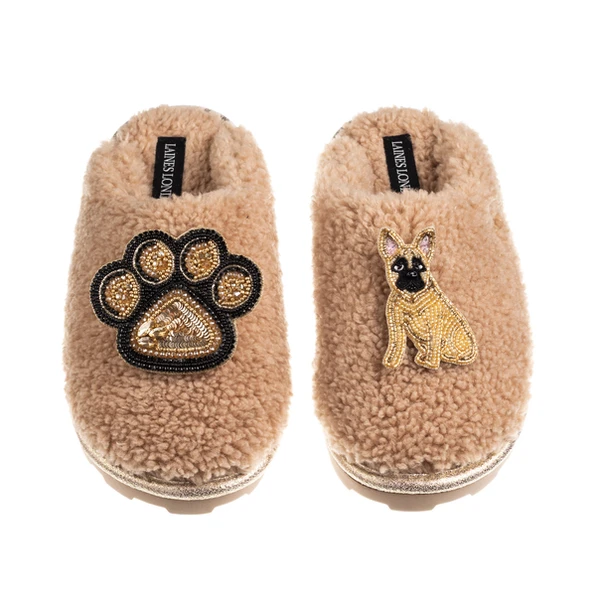 Laines London Teddy Closed Toe Slippers With Paw & Fawn Sitting French Bulldog Brooches
