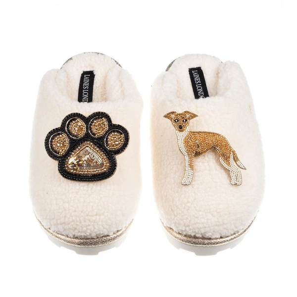Laines London Teddy Closed Toe Slippers With Paw & Fawn & White Italian Greyhound Brooches