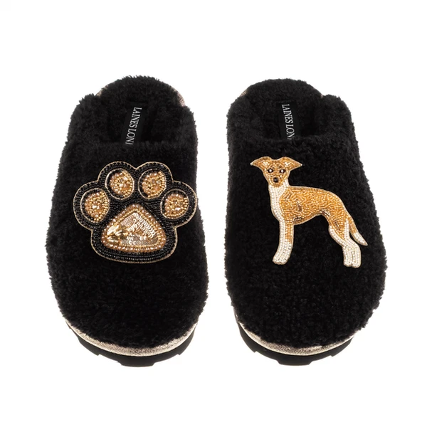 Laines London Teddy Closed Toe Slippers With Paw & Fawn & White Italian Greyhound Brooches