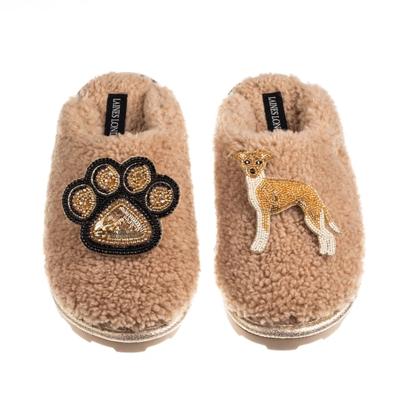 Laines London Teddy Closed Toe Slippers With Paw & Fawn & White Italian Greyhound Brooches