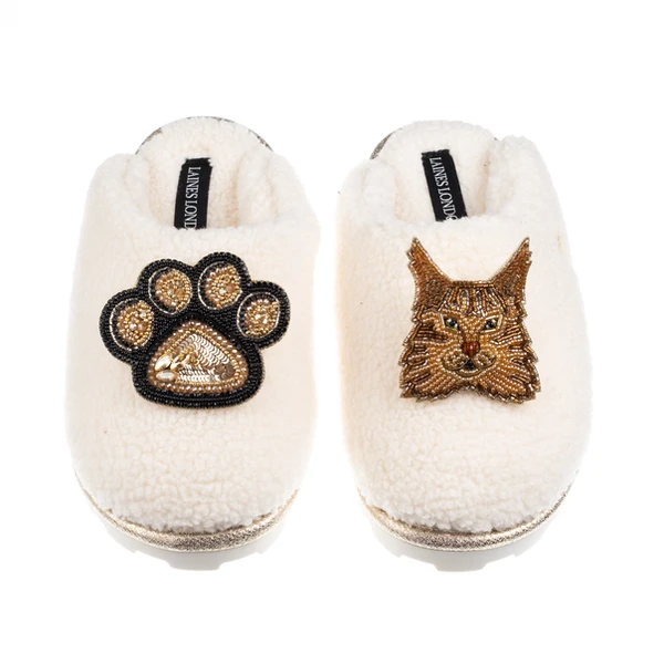 Laines London Teddy Closed Toe Slippers With Paw & Ginger Maine Coon Cat Brooches