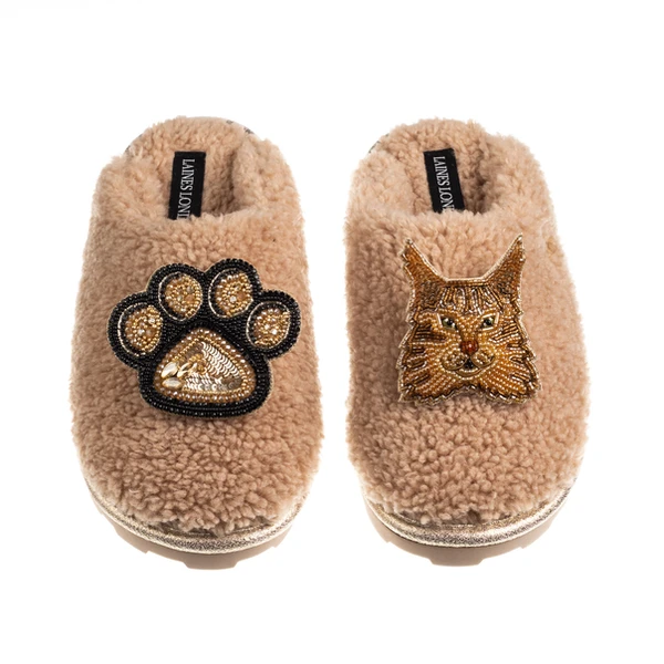 Laines London Teddy Closed Toe Slippers With Paw & Ginger Maine Coon Cat Brooches