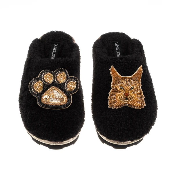 Laines London Teddy Closed Toe Slippers With Paw & Ginger Maine Coon Cat Brooches