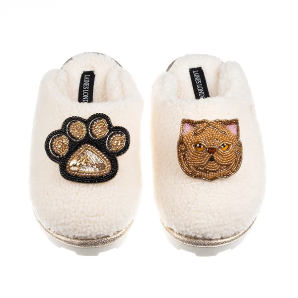 Laines London Teddy Closed Toe Slippers With Paw & Ginger Persian Cat Brooches