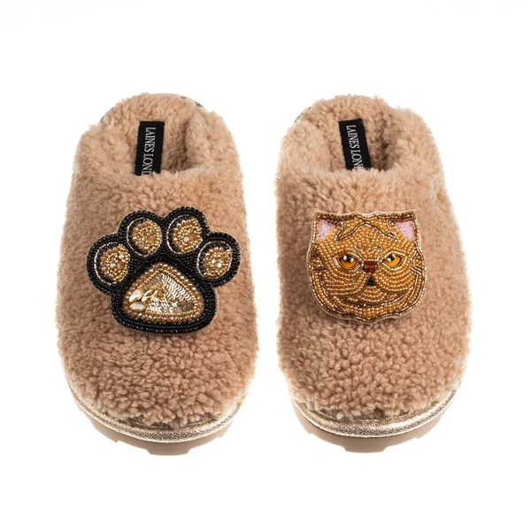 Laines London Teddy Closed Toe Slippers With Paw & Ginger Persian Cat Brooches