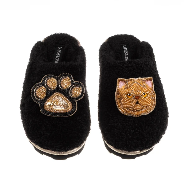 laines london Teddy Closed Toe Slippers With Paw & Ginger Persian Cat Brooches