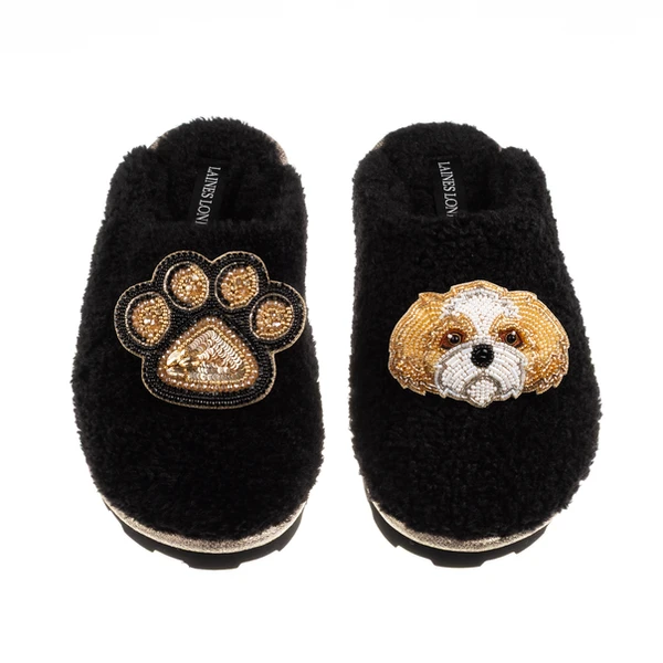 Laines London Teddy Closed Toe Slippers With Paw & Gold & White Shih Tzu Brooches