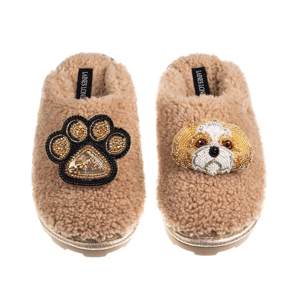 Laines London Teddy Closed Toe Slippers With Paw & Gold & White Shih Tzu Brooches