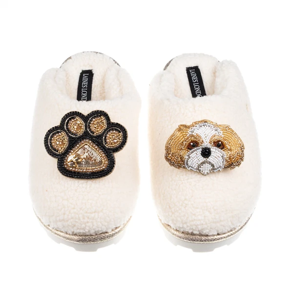 laines london Teddy Closed Toe Slippers With Paw & Gold & White Shih Tzu Brooches