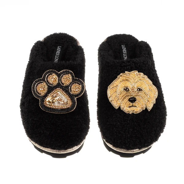 Laines London Teddy Closed Toe Slippers With Paw & Golden Cockapoo Brooches