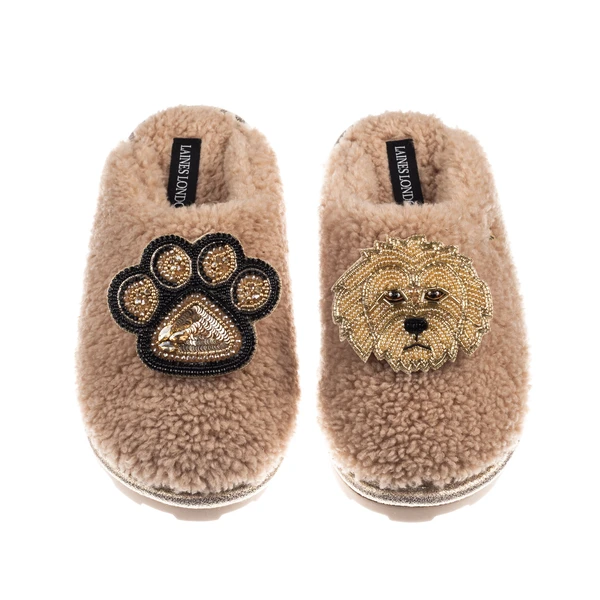 Laines London Teddy Closed Toe Slippers With Paw & Golden Cockapoo Brooches