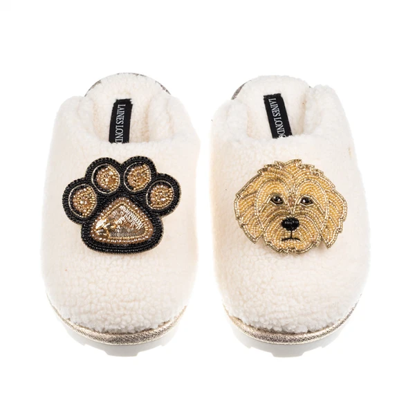 Laines London Teddy Closed Toe Slippers With Paw & Golden Cockapoo Brooches