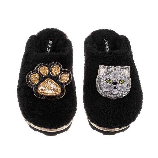 Laines London Teddy Closed Toe Slippers With Paw & Grey Persian Cat Brooches