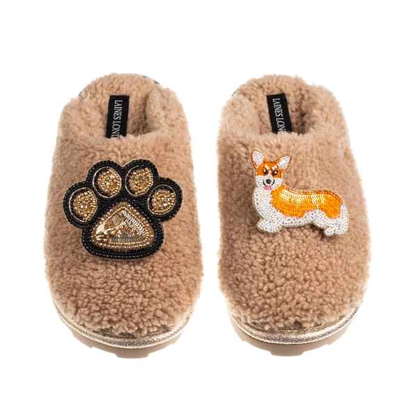 Laines London Teddy Closed Toe Slippers With Paw & Peach The Corgi Brooches
