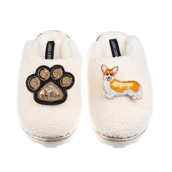 Laines London Teddy Closed Toe Slippers With Paw & Peach The Corgi Brooches
