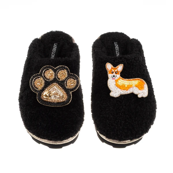 laines london Teddy Closed Toe Slippers With Paw & Peach The Corgi Brooches