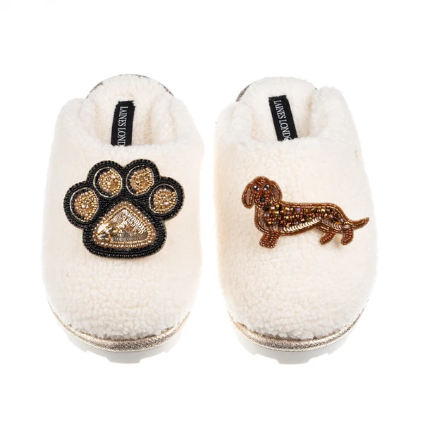 Laines London Teddy Closed Toe Slippers With Paw & Red Dachshund Brooches