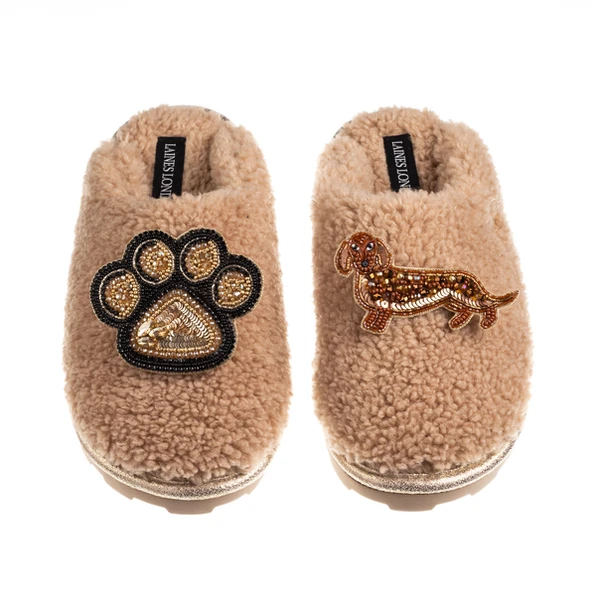 Laines London Teddy Closed Toe Slippers With Paw & Red Dachshund Brooches