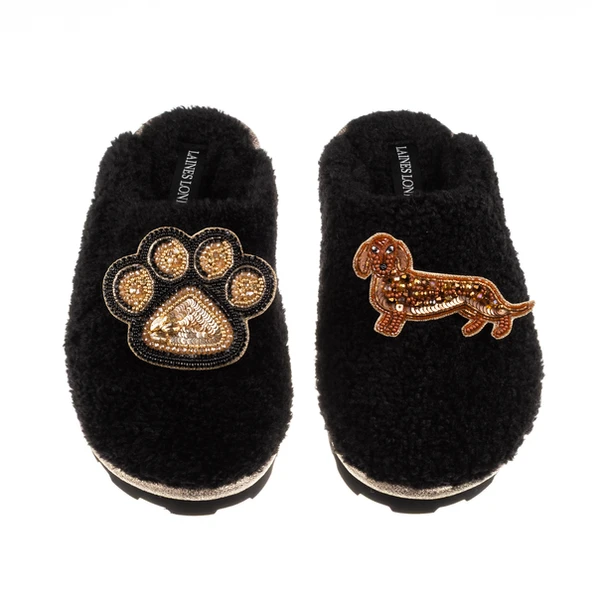 Laines London Teddy Closed Toe Slippers With Paw & Red Dachshund Brooches