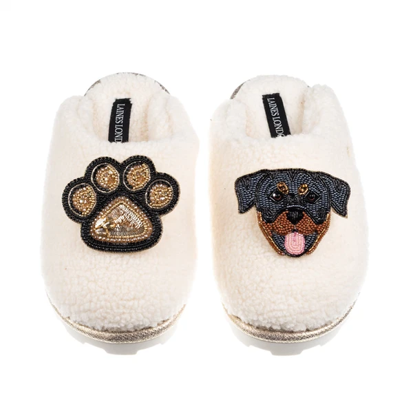 Laines London Teddy Closed Toe Slippers With Paw & Rottweiler Brooches