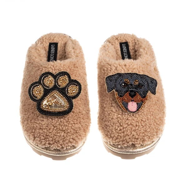 Laines London Teddy Closed Toe Slippers With Paw & Rottweiler Brooches