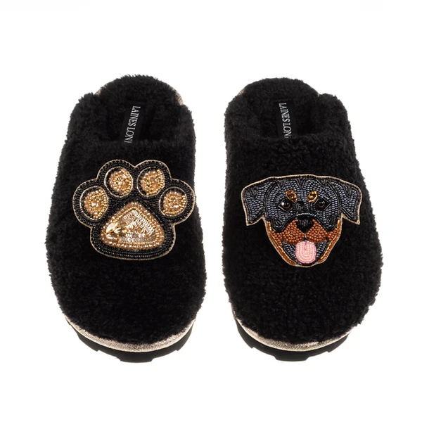laines london Teddy Closed Toe Slippers With Paw & Rottweiler Brooches